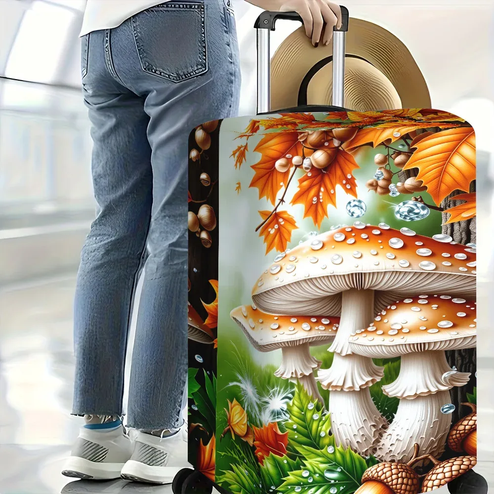 housse valise polyester motif champignons feuilles glands gouttes eau couleur principale vert orange beige protection voyage