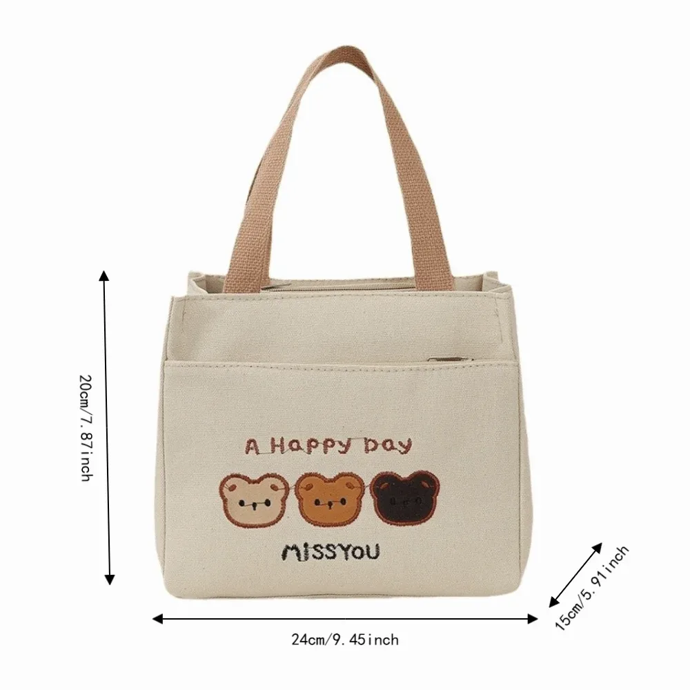 sac fourre-tout brodé avec 3 ours mignons, fermeture à glissière, grande capacité, sac à déjeuner en toile, sac à main léger réutilisable pour pique-nique