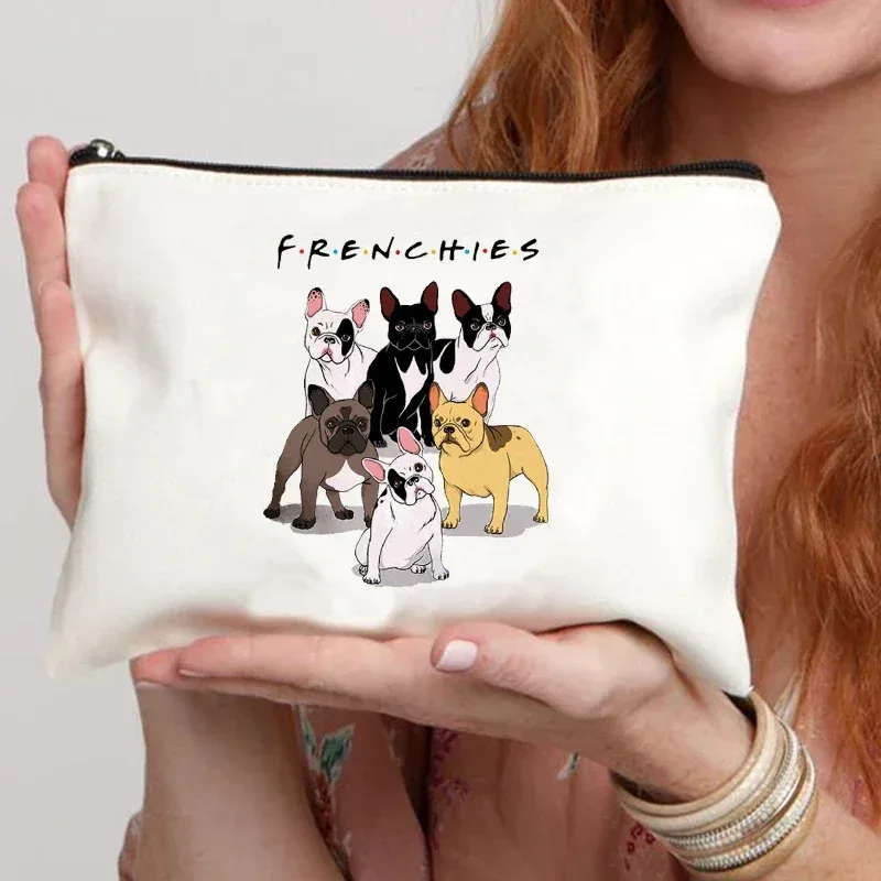 trousse de maquillage en toile pour femme, trousse de toilette, valise professionnelle, impression de dessin animé, bouledogue français, drôle