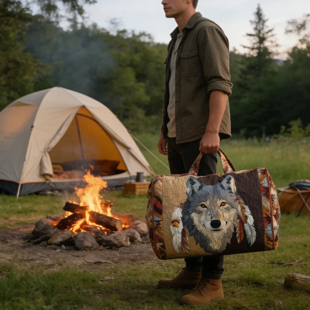 sac de voyage matelassé motif plume de loup, imprimé 3d spirit animal tribal, léger, bagage cabine pour week-end, aventure et sport