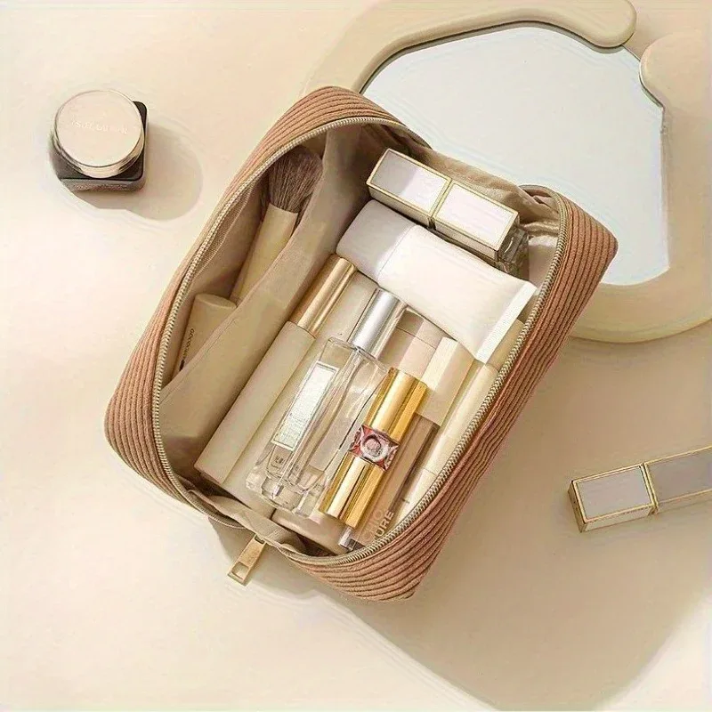 trousse de maquillage grande capacité en velours côtelé doux, sac à main portable quotidien, parfait pour rangement cosmétique et cadeau de fêtes