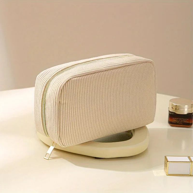 trousse de maquillage grande capacité en velours côtelé doux, sac à main portable quotidien, parfait pour rangement cosmétique et cadeau de fêtes