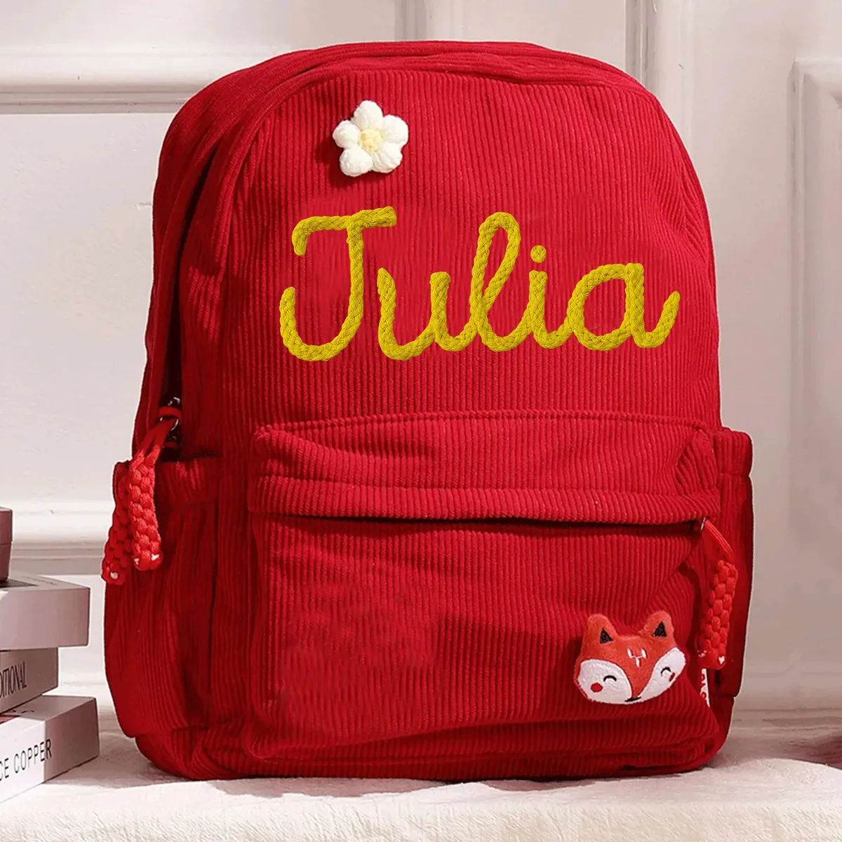 sac à dos en velours côtelé personnalisé 1 pièce, lettres brodées à la main, décorations florales/animales, cadeau idéal.
