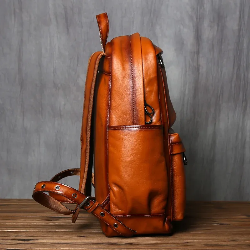nzpj – sac à dos rétro en cuir véritable pour hommes, sacoche décontractée pour ordinateur avec couche supérieure en peau de vache, sac de voyage à la mode européenne et américaine