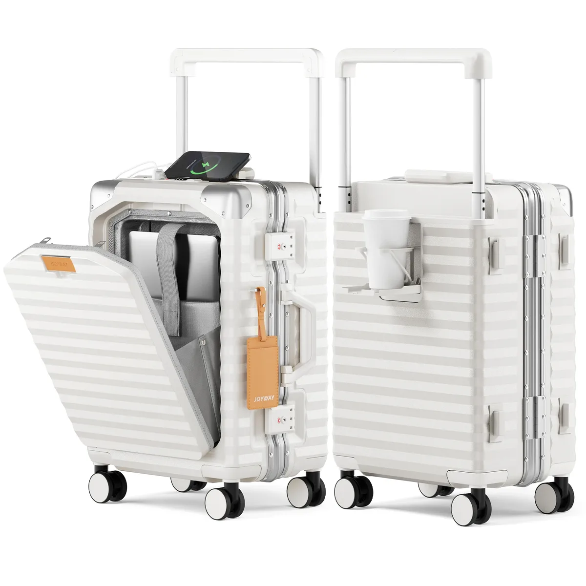 valise joyway 20 pouces en aluminium avec poche avant, port usb, porte-gobelet, serrure tsa et roulettes pivotantes