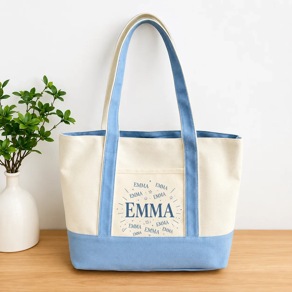 Sac à bandoulière en toile personnalisable avec nom, poche avant color block, grand sac fourre-tout décontracté réutilisable pour femme, plage, shopping quotidien
