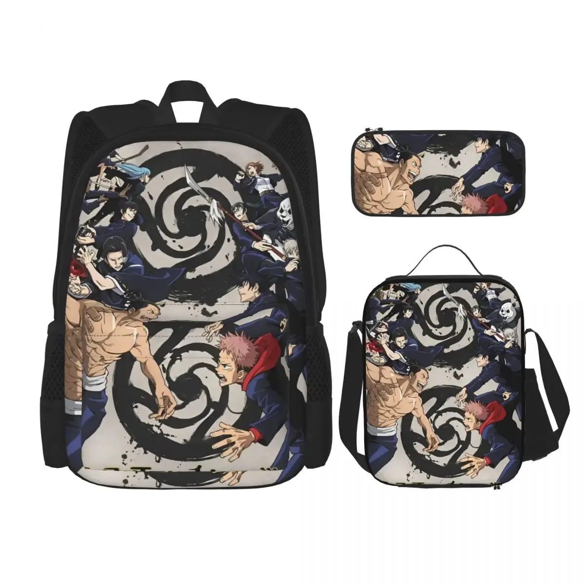 sac dos polyester noir motif animé format grand volume usage étudiant lycéen informatique bandes latérales pochette stylos sac main assorti