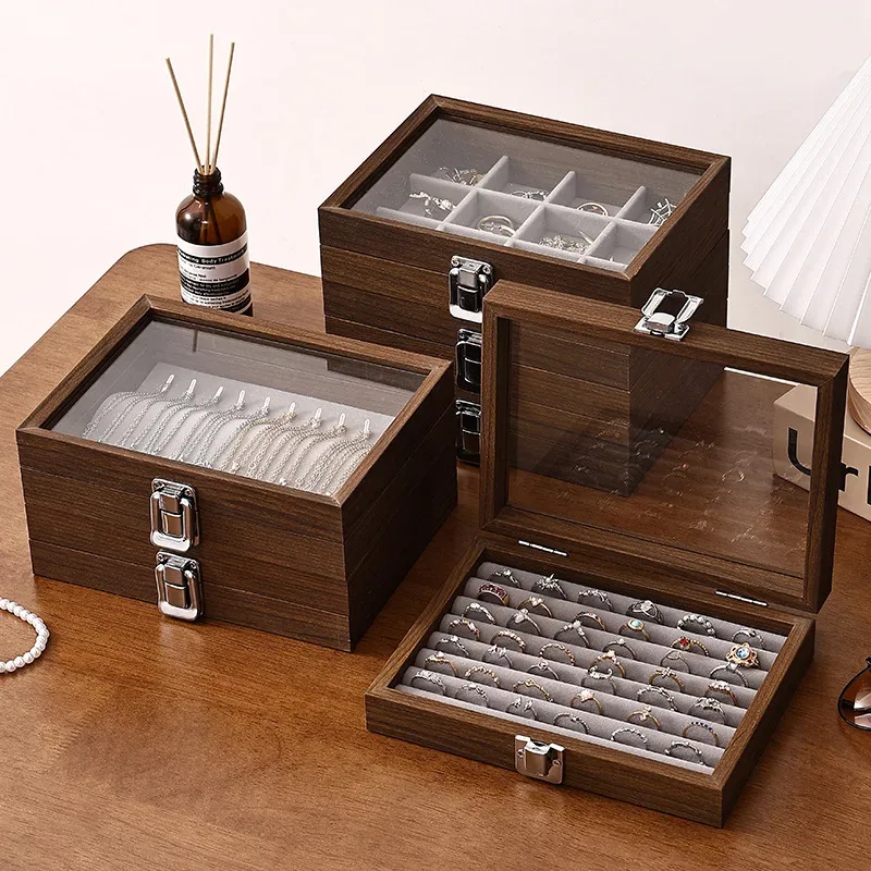 Boîte à bijoux motif noyer avec couvercle, étui de rangement pour bagues, boucles d'oreilles, bracelets, chaînes, plateau de présentation en bois dur de style décontracté