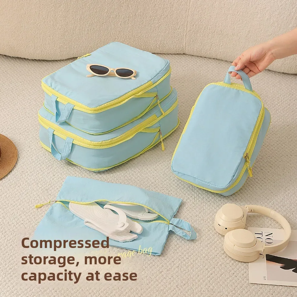 organisateur voyage compression taslan jaune bleu cube sacs chaussures rangement vacances longue durée hygiène transport