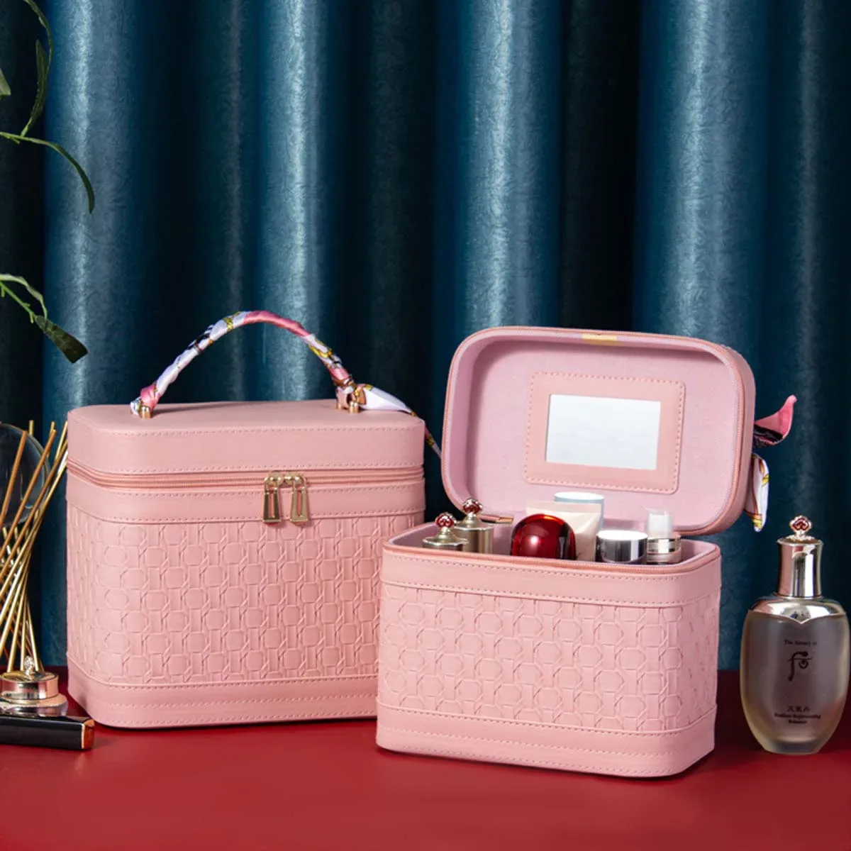 trousse de maquillage portable beauty master : boîte de rangement cosmétique de luxe avec foulard en soie offert