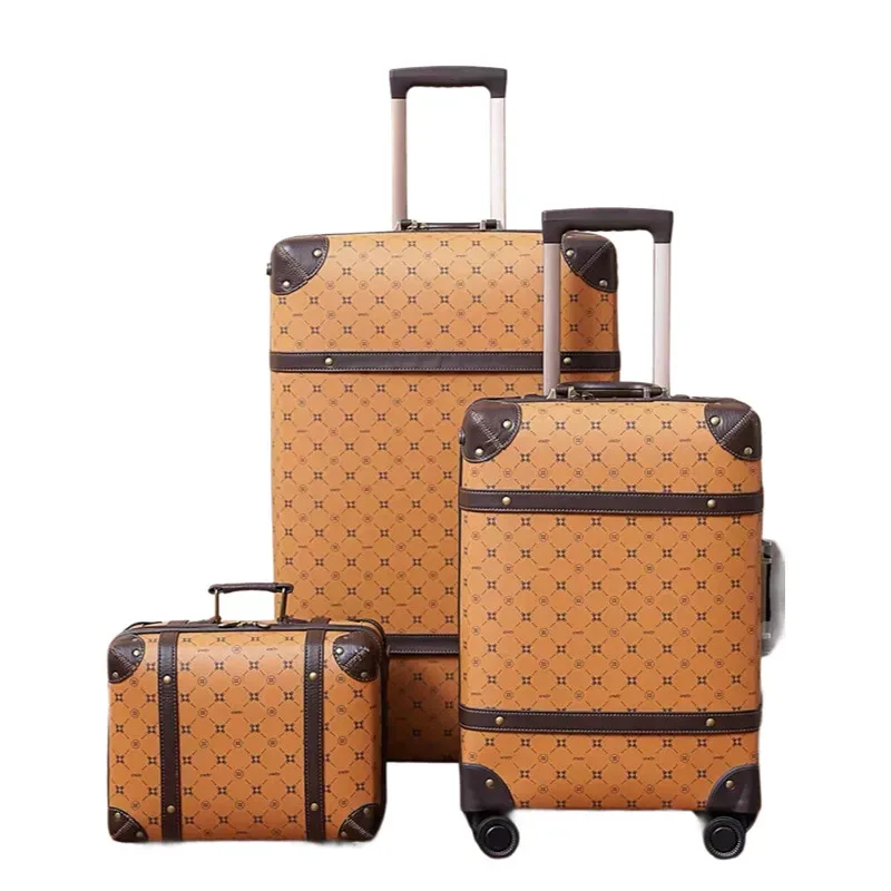Valise Bagage Roulant PU Marron Clair Motif Géométrique Brun Fond Beige Poignées Roulettes Empilable Voyage