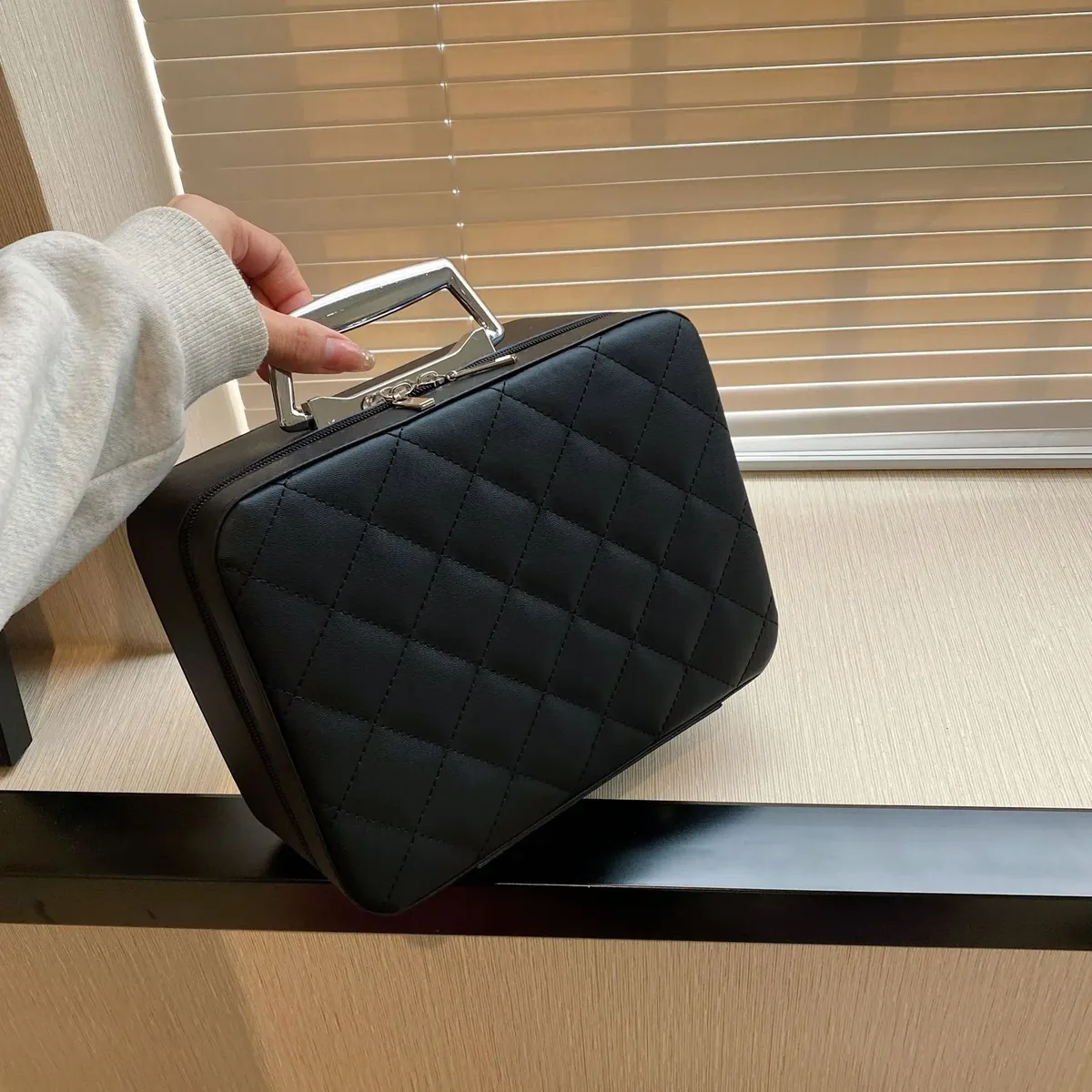 sac à cosmétiques portable en cuir argyle pour femme, multifonction, étanche, rangement de voyage, organisateur, sac à main, miroir, étui de maquillage
