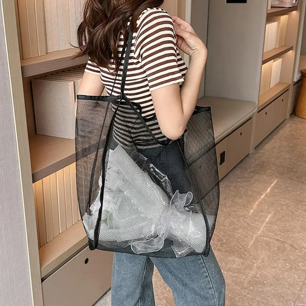 sac en maille transparente, sac de plage de grande capacité, sac à main organisateur polyvalent, sac de rangement pour cosmétiques et articles de toilette pour la piscine