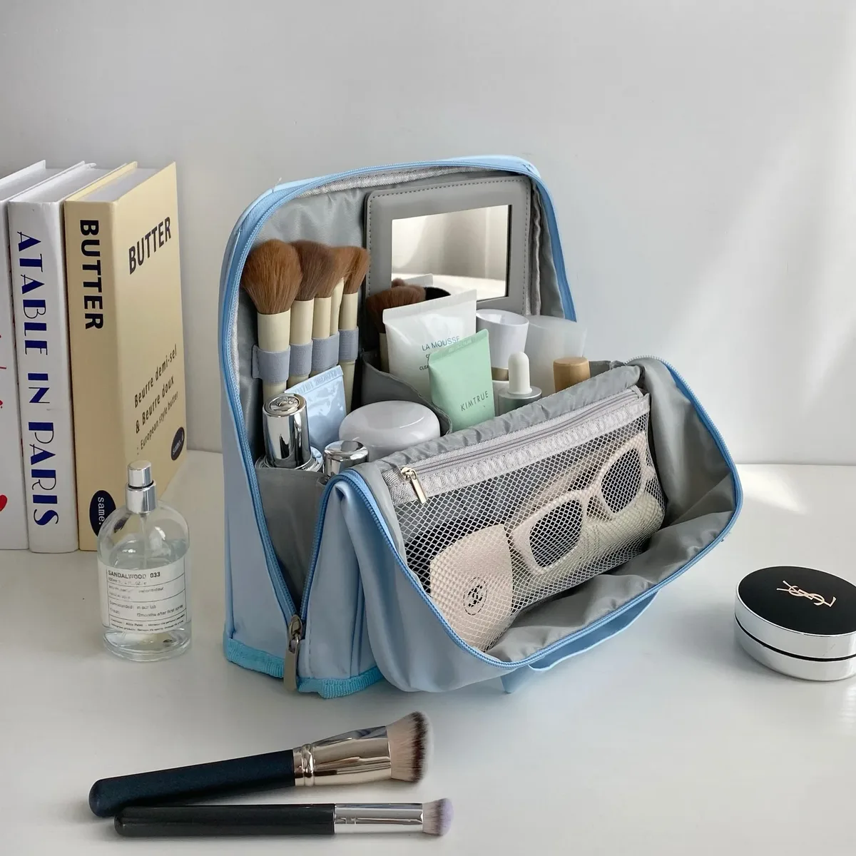 sac de maquillage portable grande capacité pour femmes, sac de voyage suspendu avec compartiments et miroir intégré, sac de rangement