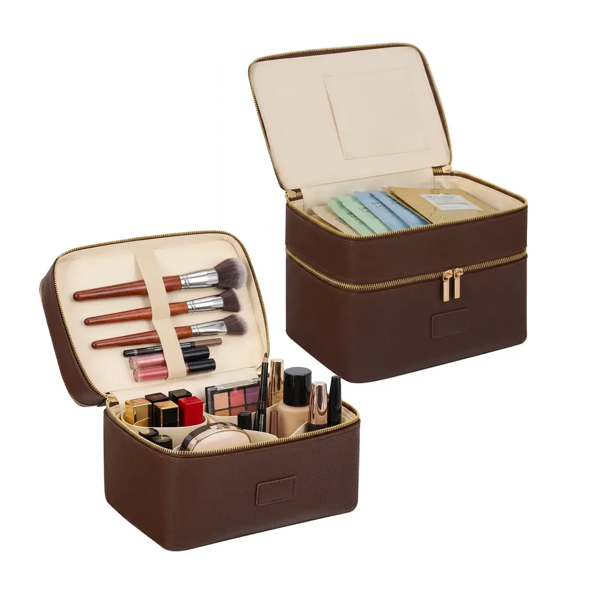 trousse de maquillage portable en pu avec organisateur amovible, fermeture éclair double étanche, idéale pour les voyages