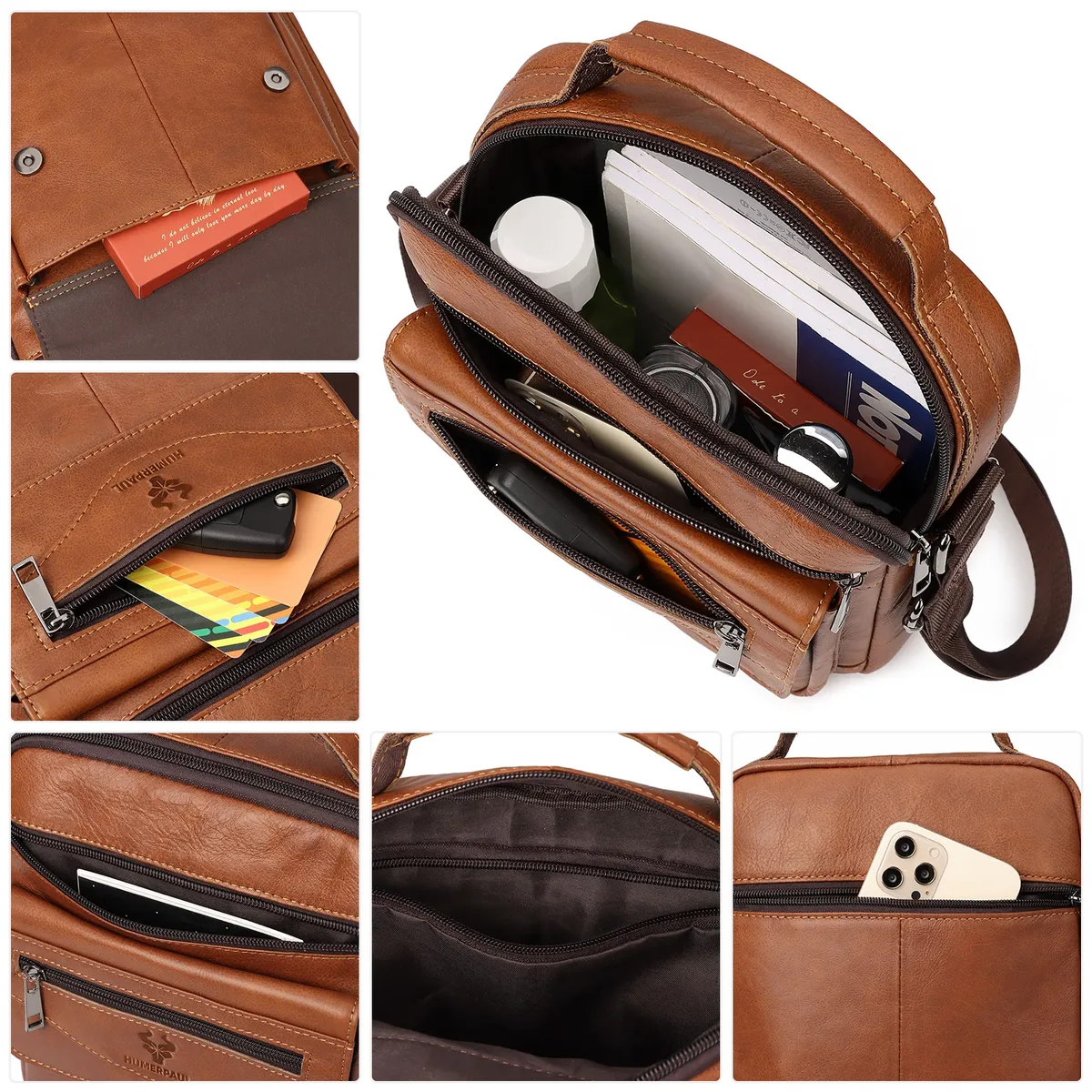 humerpaul – petit sac messager en cuir véritable pour hommes, sac à bandoulière de capacité, sac à main d'affaires pour le travail