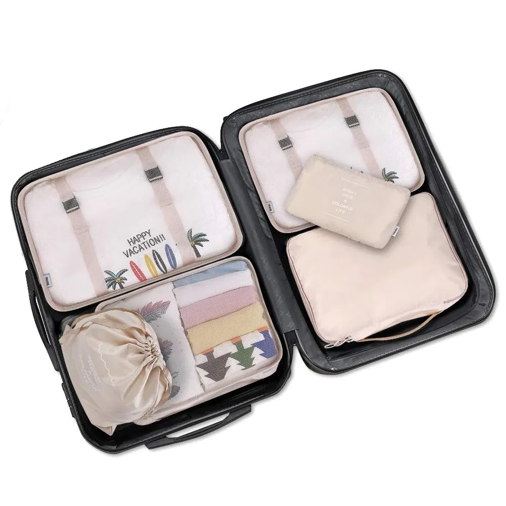 organisateur voyage beige clair motifs palmiers vagues grande capacité sac rangement nylon résistant eau polyvalent femmes