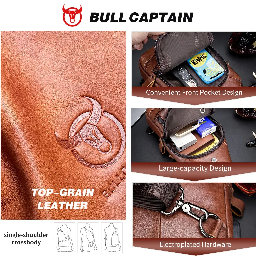 bullcaptain – sac de poitrine usb pour hommes, sacs à bandoulière 100% cuir véritable, sacoche multifonction de voyage et d'extérieur, sac messager à la mode