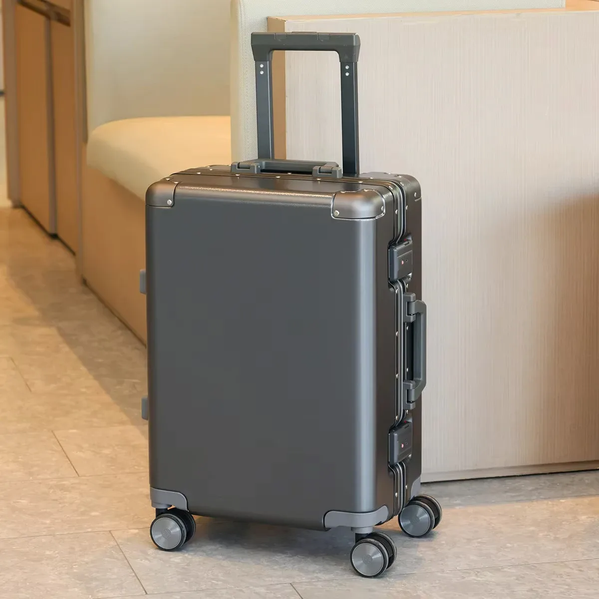 valise bagage roulante pc grise dorée toupies sécurité voyage grande capacité transport vêtements accessoires