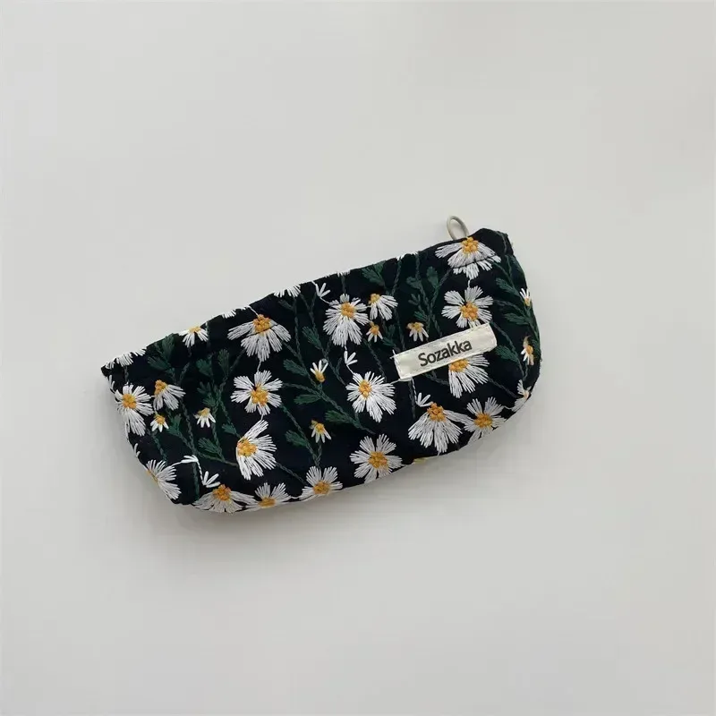 sac à cosmétiques pour femmes, pochette brodée marguerite florale, trousse de toilette de voyage coréenne, pochette de maquillage de beauté, trousse à crayons organisateur