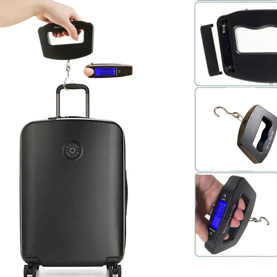 balance voyage numérique métallique noire lcd bleu suspension cordelette poignée ergonomique compact précision pesée utilitaire travail sport camping