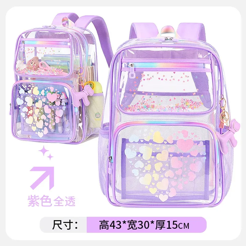 sac à dos transparent en pvc imprimé cœur, pour adolescents, garçons et filles, cartable d'étudiants, grande capacité, étanche, voyage, plage