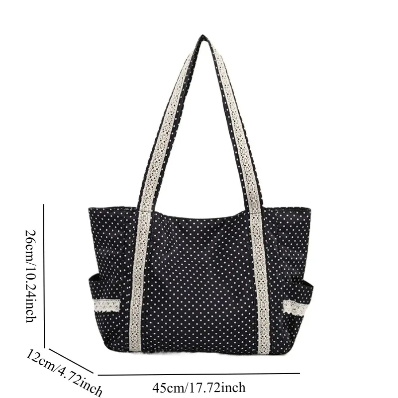 sac à bandoulière en dentelle pour femmes, niche douce, style coréen, vintage, sac à main en toile à pois, grande capacité, multi-poches, fourre-tout pour les déplacements