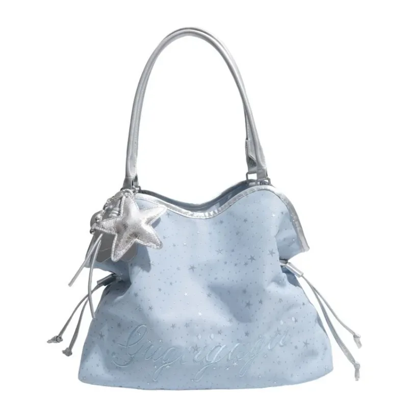 ceekay sac fourre-tout grande taille en pu imprimé étoiles argentées avec pendentif étoile, cordon de serrage latéral et poignée large, sac à bandoulière décontracté
