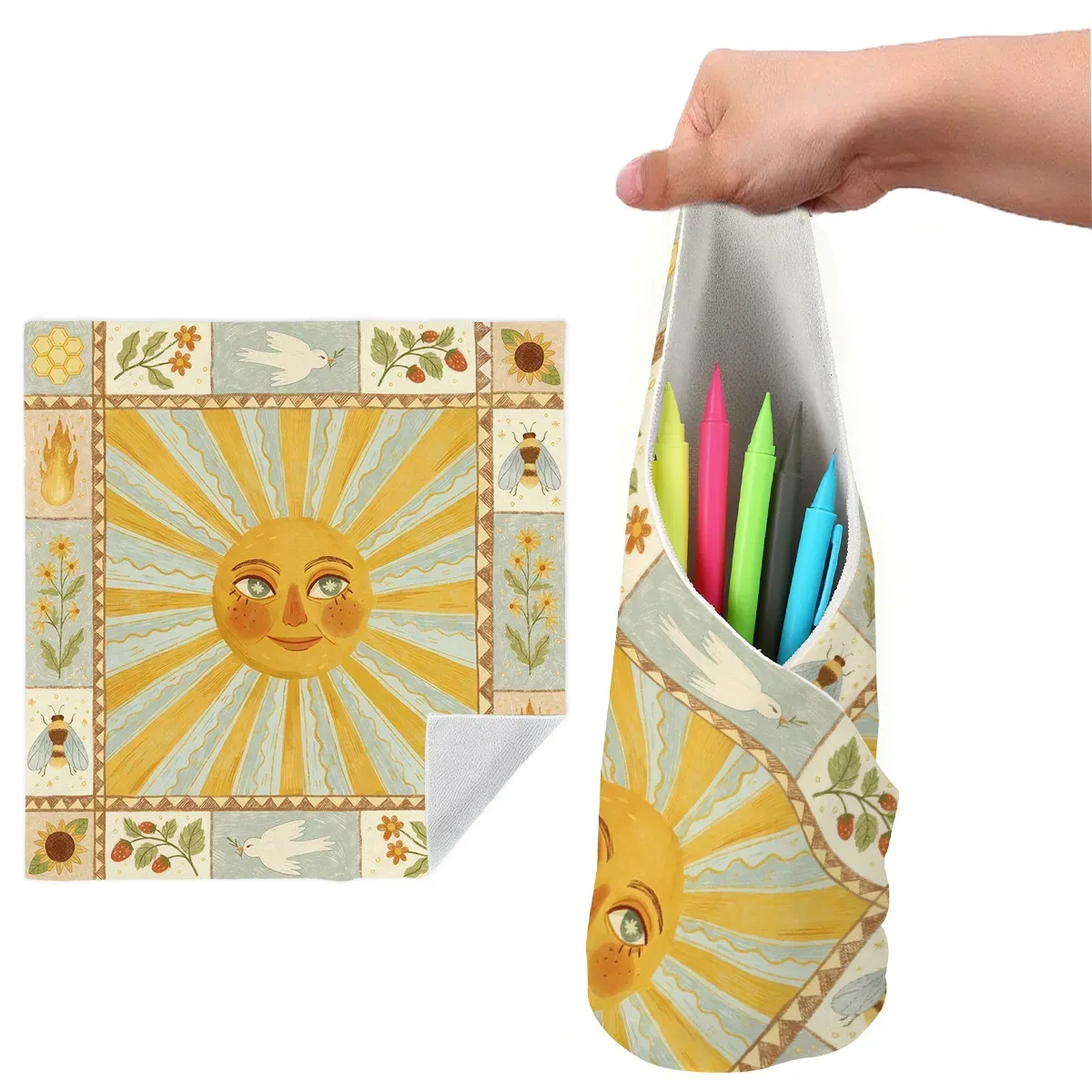 tissu d'emballage magique auto-adhésif à motif soleil, sac de maquillage auto-adhésif, pochette de rangement portable pour housse de protection d'appareil photo