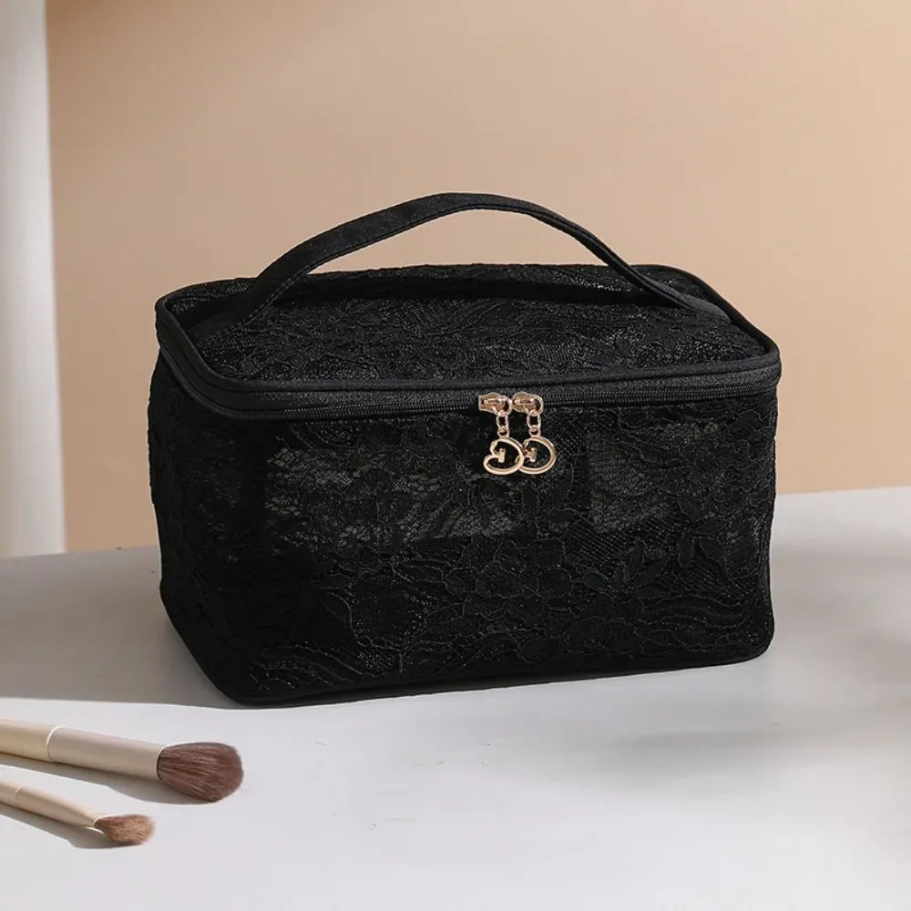 sac de maquillage portable élégant, motif floral en dentelle, trousse de toilette de voyage avec poignée, sac à main de grande capacité pour femmes