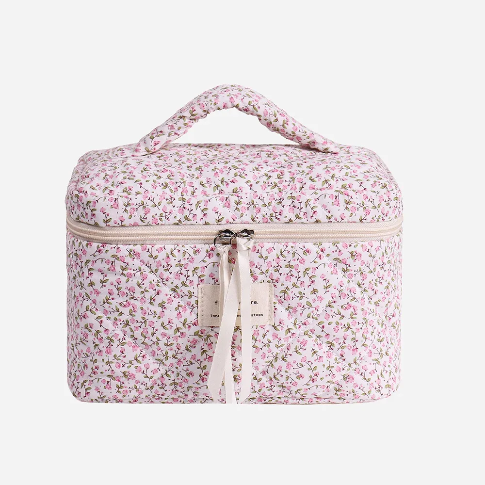 sac de rangement de cosmétiques matelassé imprimé floral pour femmes, organisateur de voyage, pochette de maquillage, fourre-tout carré pour dames, sac à main à fermeture éclair