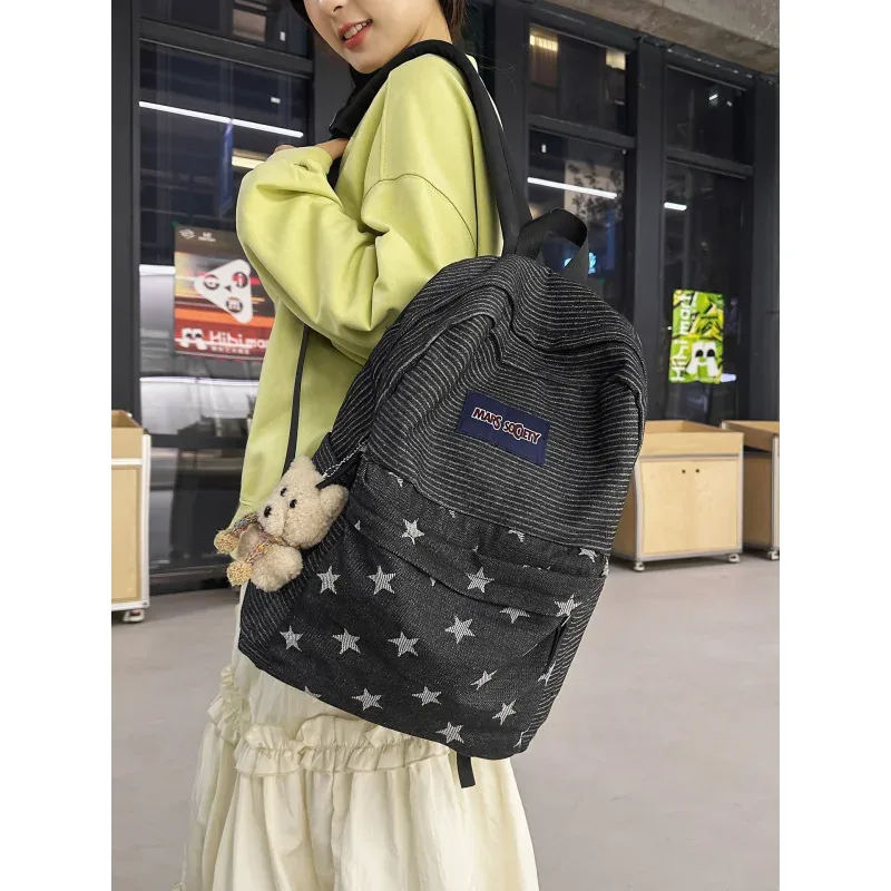 sac à dos en jean de style coréen avec rayures et étoiles colorées, adapté aux étudiantes, polyvalent pour les trajets quotidiens