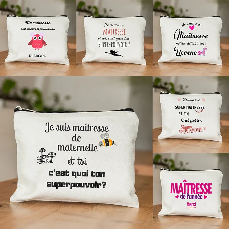trousse de maquillage pour femmes, thème enseignant, étui à cosmétiques inspiré de maitresse avec motif éducatif de conception de style français, portefeuille pour le travail ou l'école