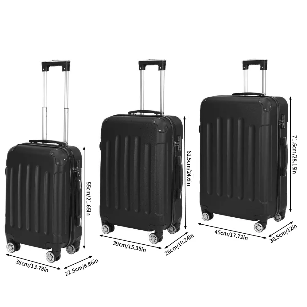 ensemble de bagages 3 pièces avec valises rigides, sacs de voyage légers en abs avec serrure tsa et 4 roulettes pivotantes, ensemble de valises moyennes et grandes format cabine, noir/gris