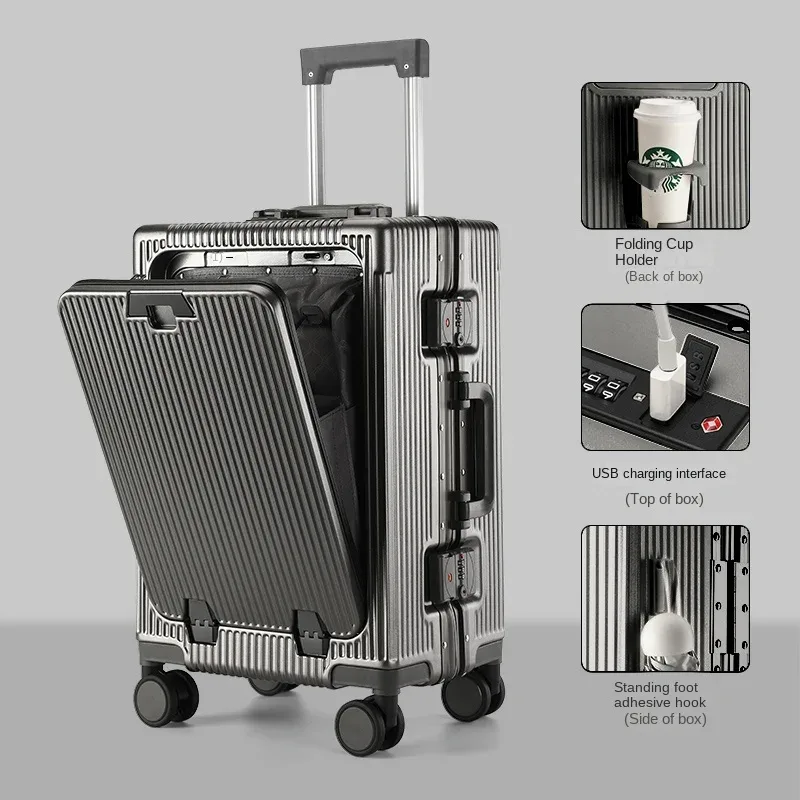 valise à cadre en aluminium grande capacité, valise à roulettes en pc épaissi, robuste et durable, bagage cabine à code, 20/22/24/26/28 pouces
