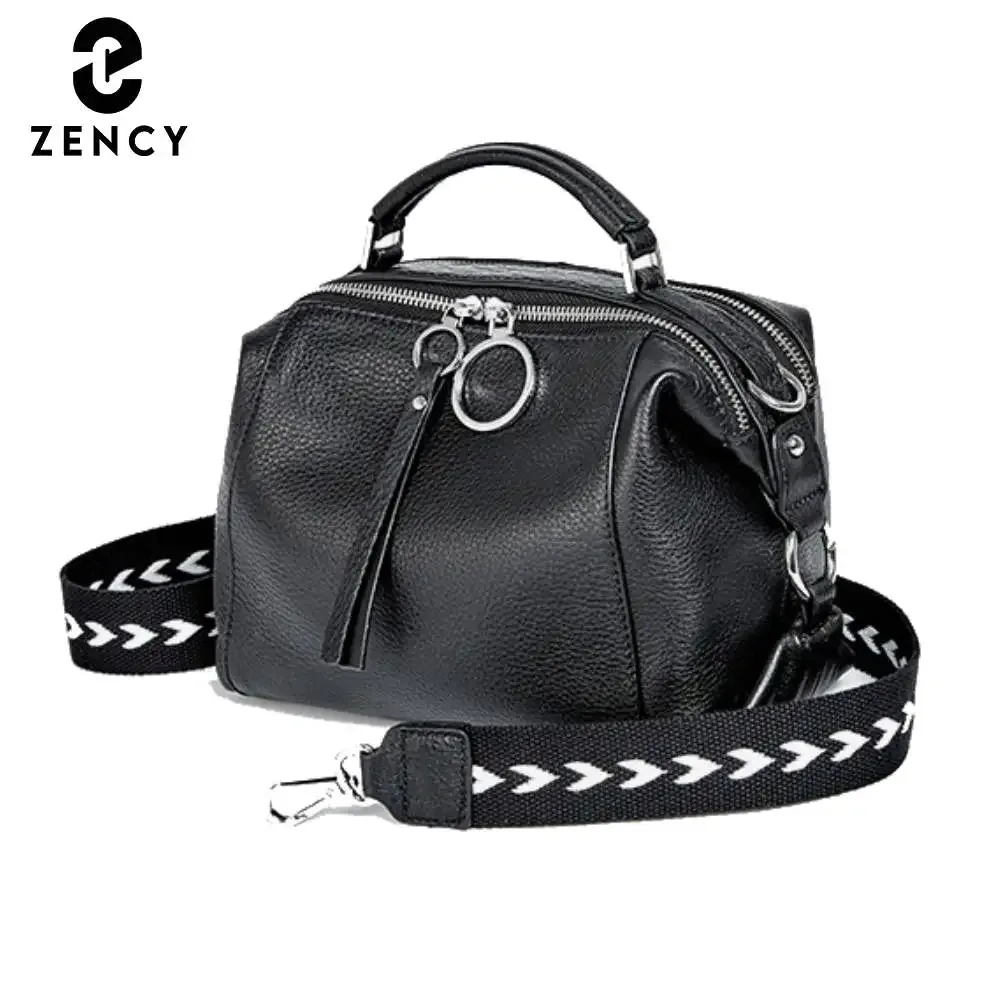 zency – sac à bandoulière noir de créateur pour femmes, sac à main en cuir véritable 100%, taille moyenne pour la vie quotidienne avec deux sangles