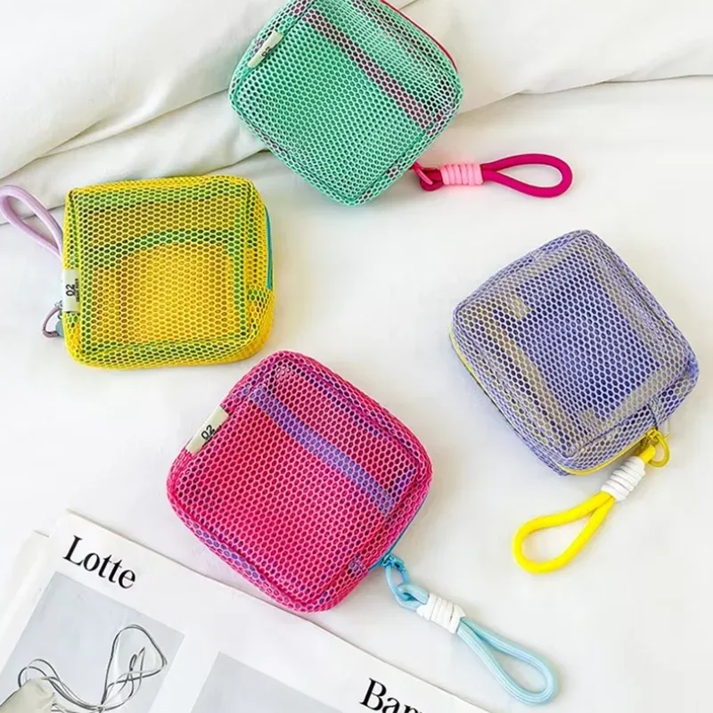 mini porte-monnaie portable en maille, trousse de maquillage en tissu maille dopamine, sac de rangement pour argent, rouge à lèvres et fards à paupières pour les voyages et le shopping