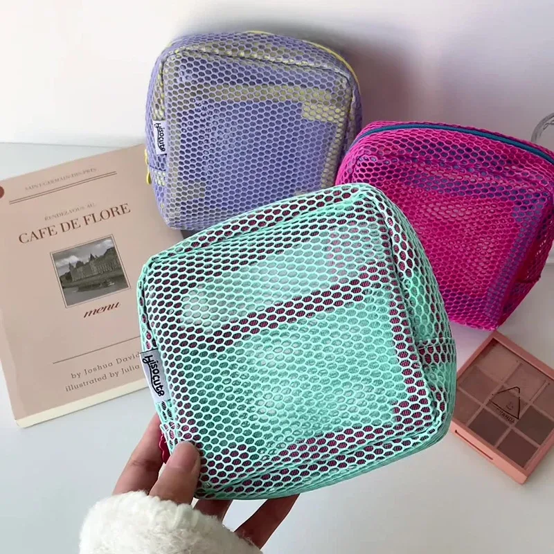 sac cosmétique carré en maille, sac de rangement cosmétique carré portable avec fermeture éclair, sac de rangement multi-usages pour articles divers
