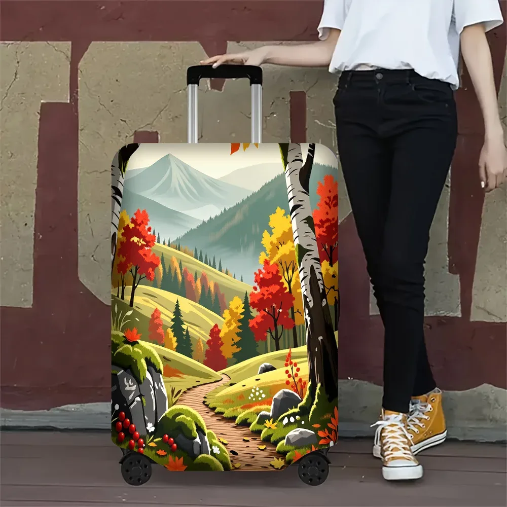 housse valise polyester motif forêt automnale couleurs vert jaune rouge noire protection voyage taille moyenne
