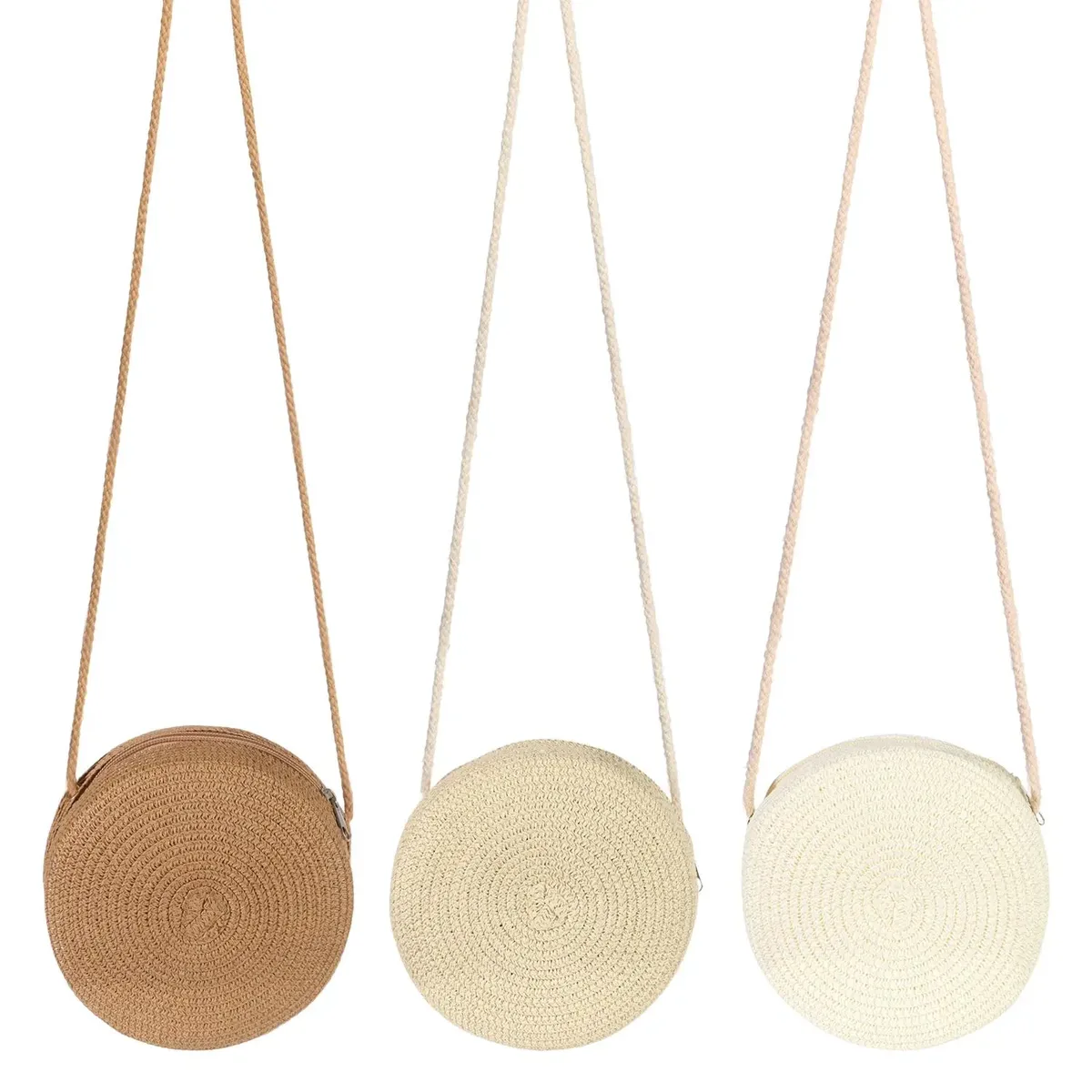 sac à bandoulière rond en paille tressée fait main pour femmes et filles, avec pompon épais, idéal pour l'été, la plage, les voyages et le quotidien, sac de rangement tendance