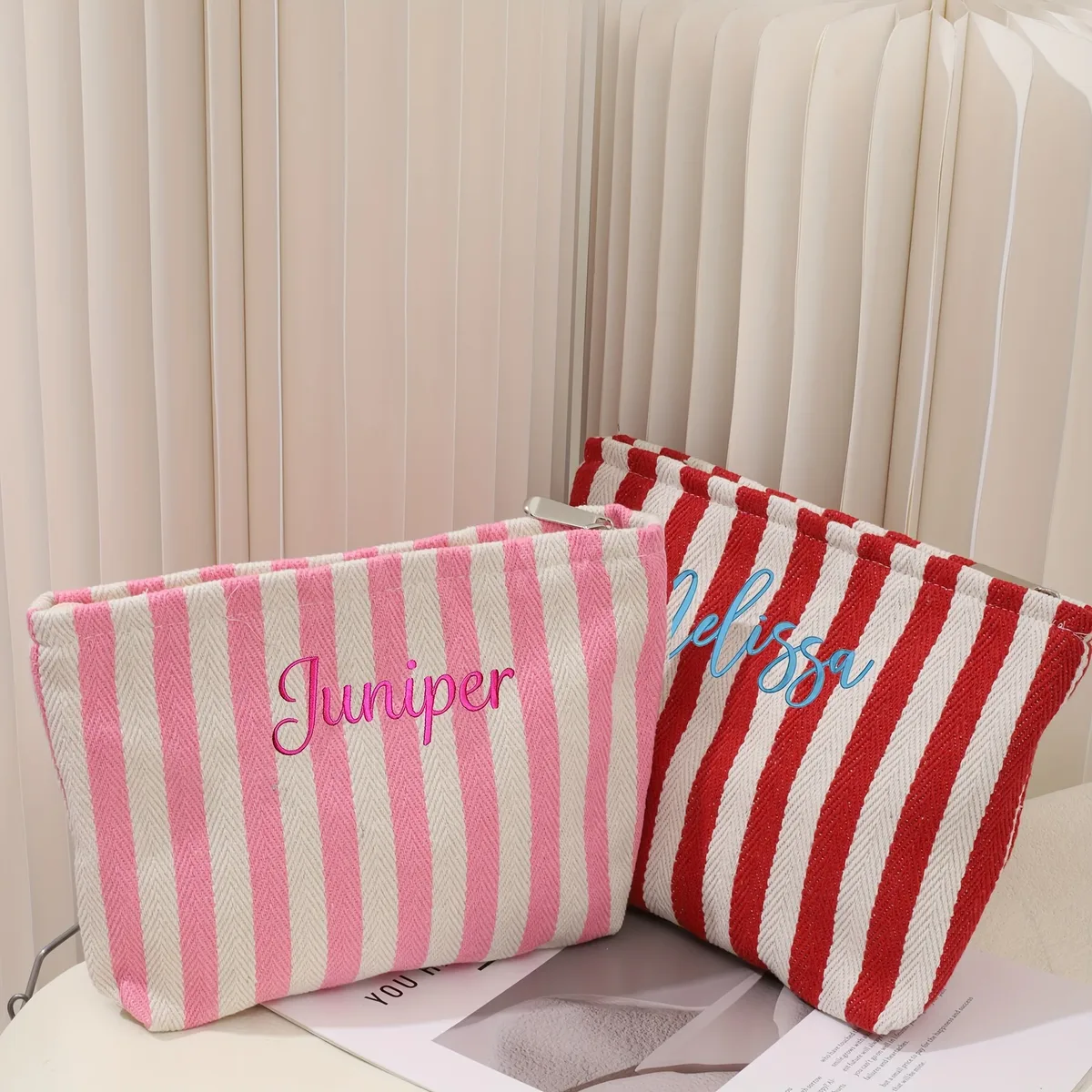 trousse de maquillage rayée personnalisée, broderie du nom, pochette cosmétique, grande capacité, organisateur de toilette de voyage, cadeau pour femmes