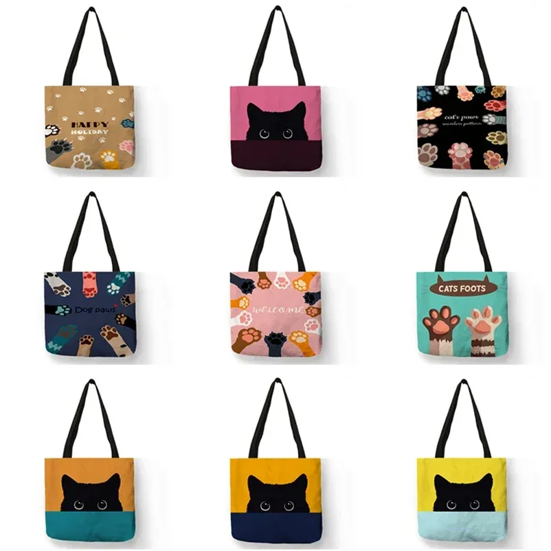 sac fourre-tout décontracté mignon animal de compagnie noir patte de chat imprimé femmes sac à bandoulière sac à main dames eco réutilisable shopper sacs pour l'épicerie