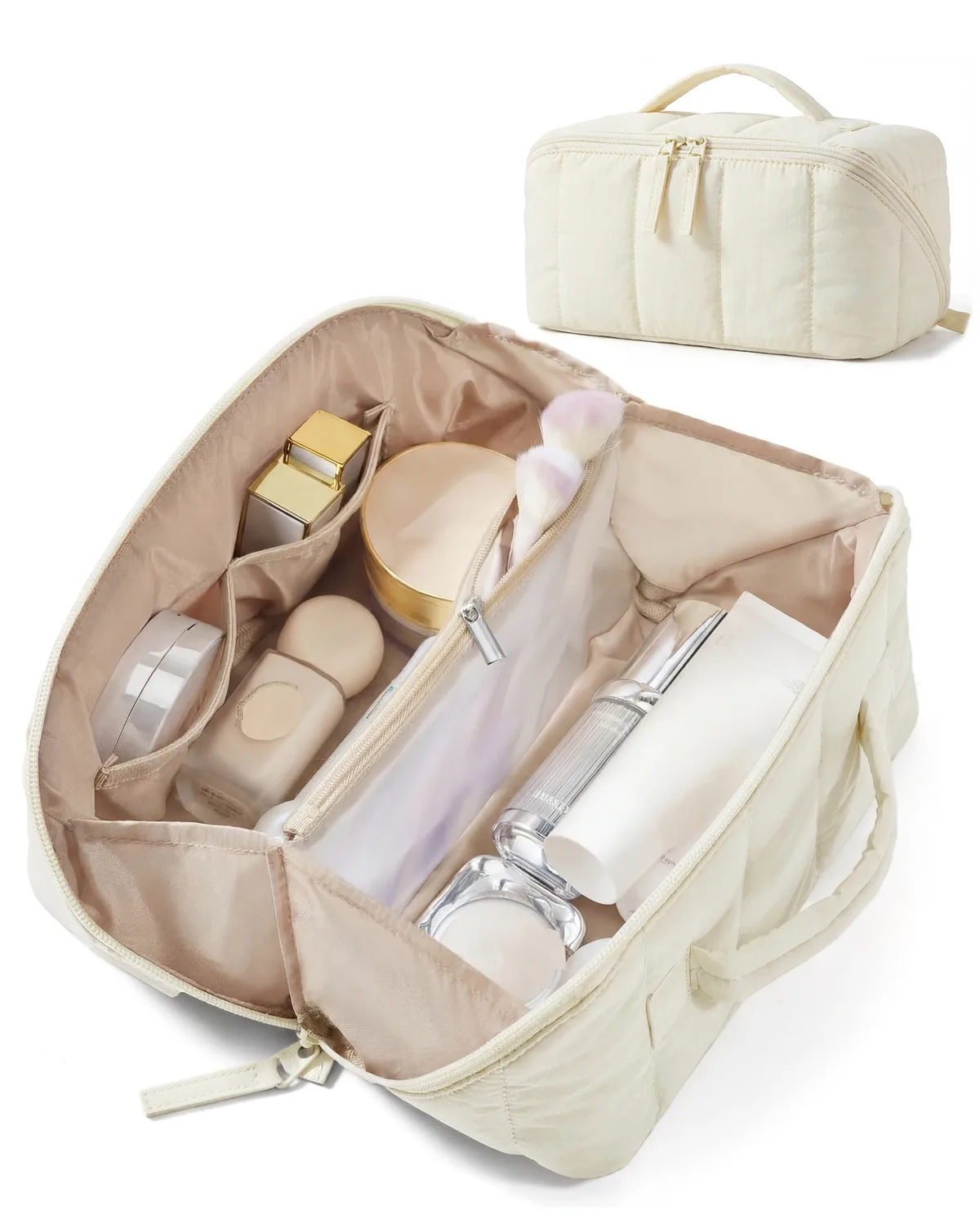 bagsmart trousse de maquillage de voyage matelassée pour femme, ouverture plate, résistante à l'eau, marron, trousse de toilette portable, organiseur de maquillage rembourré