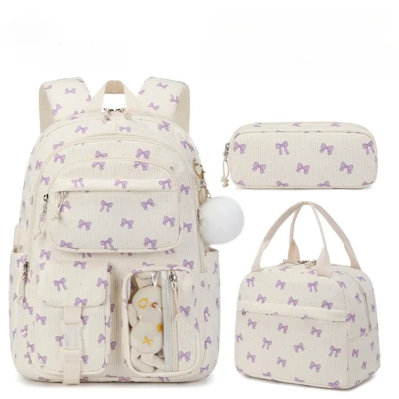sac à dos scolaire en velours côtelé 3 pièces/ensemble avec sac à déjeuner et trousse à crayons, sac à dos mignon pour filles, sac à dos à motif fraise pour adolescentes et femmes
