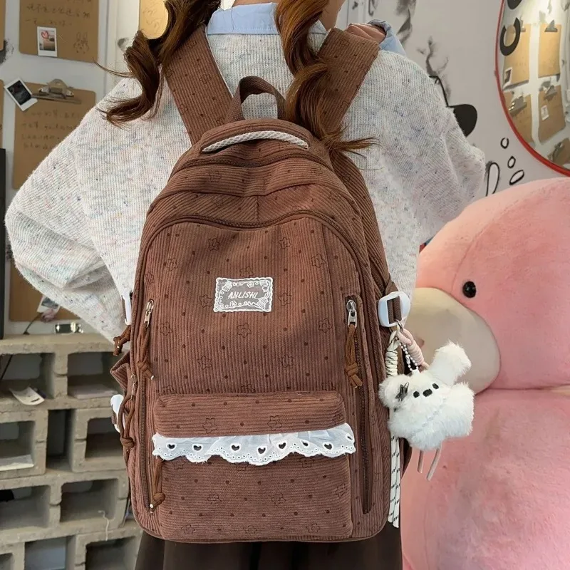 sac à dos d'hiver en velours côtelé, imprimé étoiles coréennes, avec dentelle, mignon, style mori girl, artistique, pour collégiennes