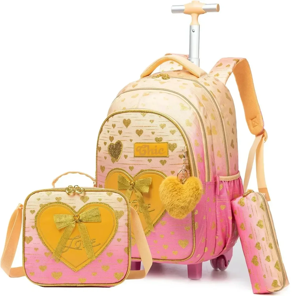 sac dos polyester toile dessin animé bleu pastel coeurs dorés love scolaire transport voyage filles