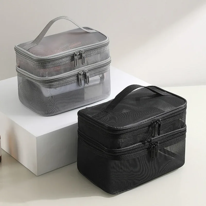 sac de rangement portable à 2 couches en maille avec fermeture éclair, trousse de maquillage à main, sac de voyage pliable transparent, pochette de toilette grande capacité