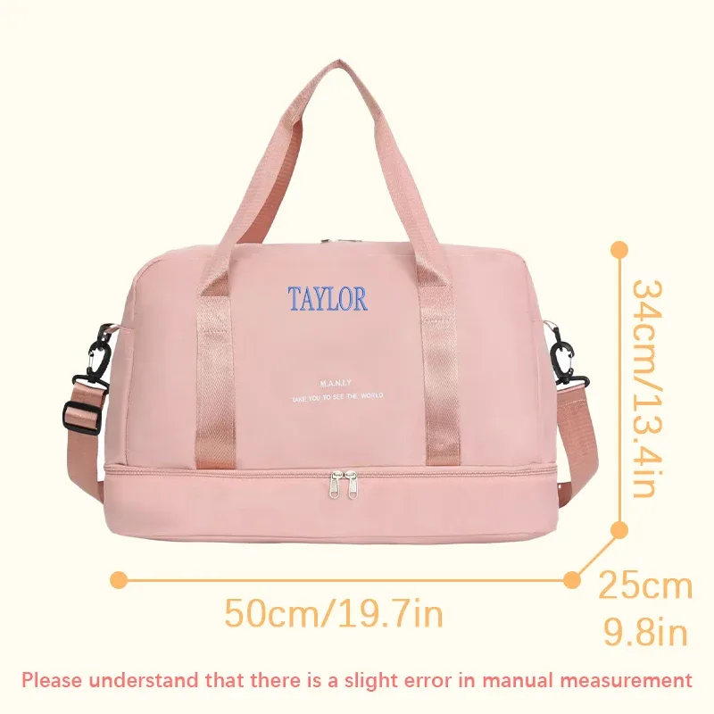 sac voyage polyester gris rose motif brodé poignée bandoulière amovible décontracté grande capacité taille multiple usage voyage