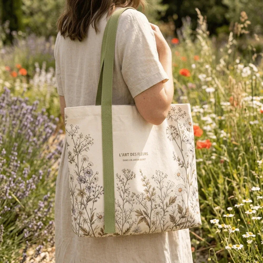 nouveau sac fourre-tout en toile de coton, durable et léger, imprimé marguerites vertes, idéal pour les voyages et le shopping.