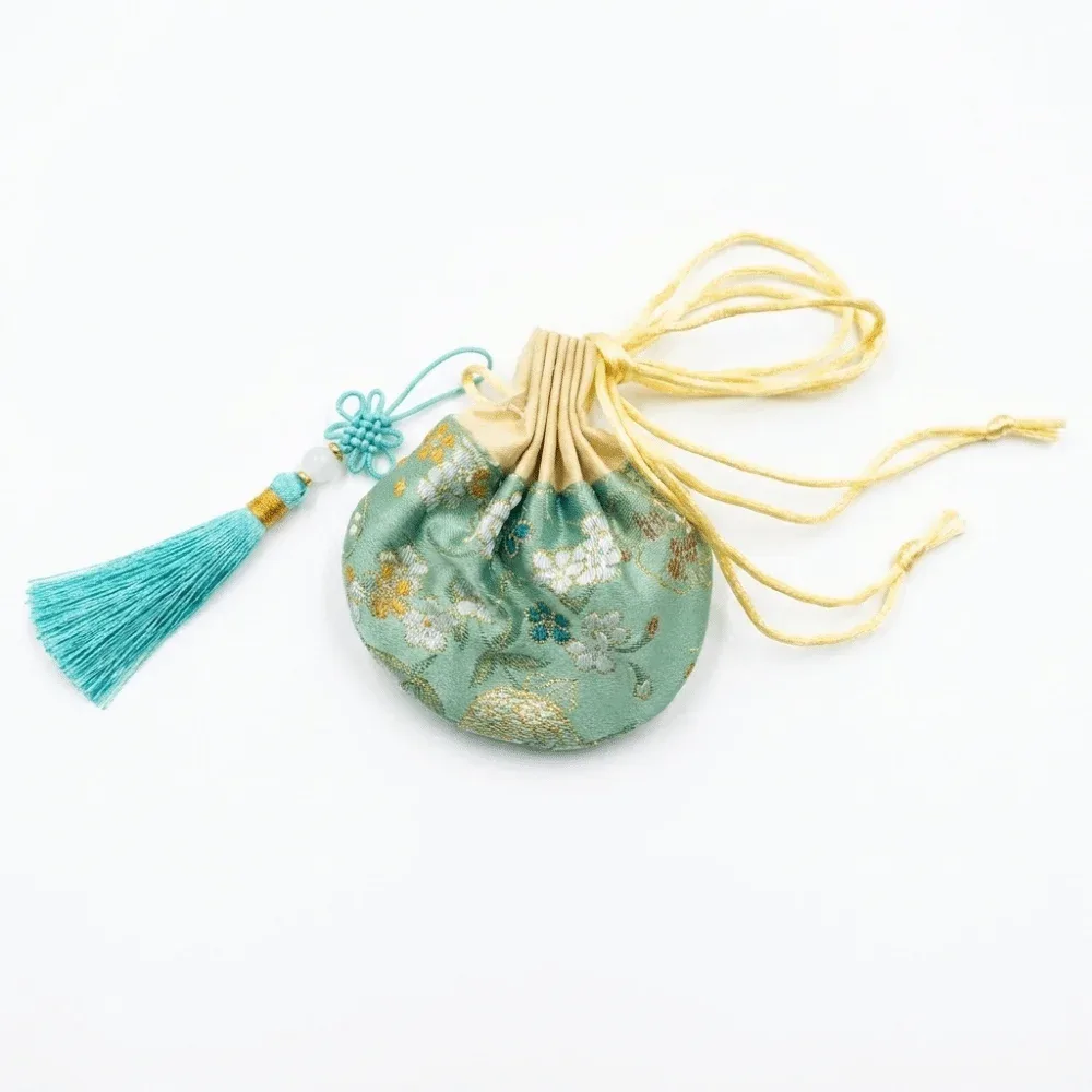 pochette de rangement pour colliers, motif floral, avec cordon de serrage et pompon, style chinois, pochette vide pour bijoux, sac à main pour femmes